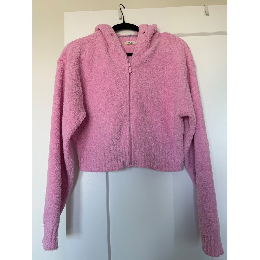 UGG Womens Pink Sherpa Fleece Full Zip Cropped Hoodie Sweatshirt Size M
